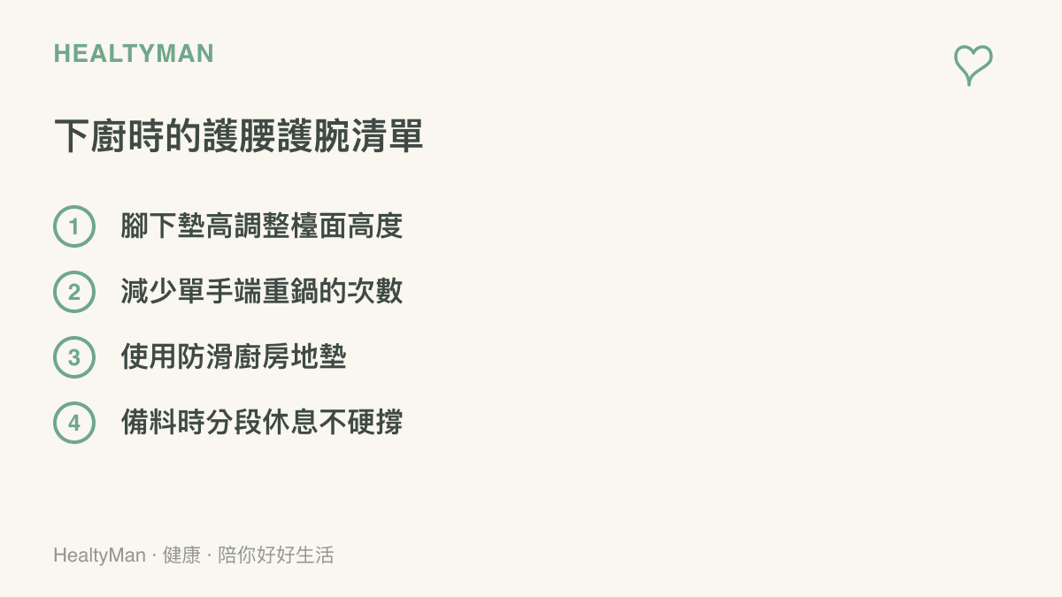 列出包含墊高腳步、減少端重物、使用地墊與定時休息等四項保護下背與手腕的實用方法清單