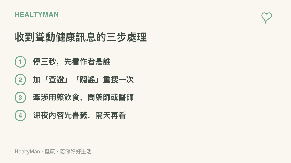 圖卡列出收到聳動健康訊息時的處理步驟：暫停並確認作者、用查證與闢謠關鍵字重新搜尋、牽涉用藥時先諮詢藥師或醫師，以及深夜先存書籤隔天再看