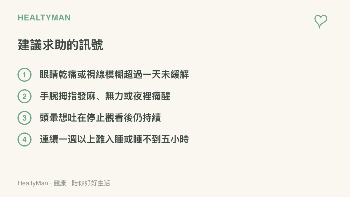 清單圖卡列出四項建議就醫的訊號，包括眼睛乾痛視線模糊超過一天、手腕拇指發麻無力、停止觀看後仍持續頭暈想吐，以及連續一週以上的睡眠困難