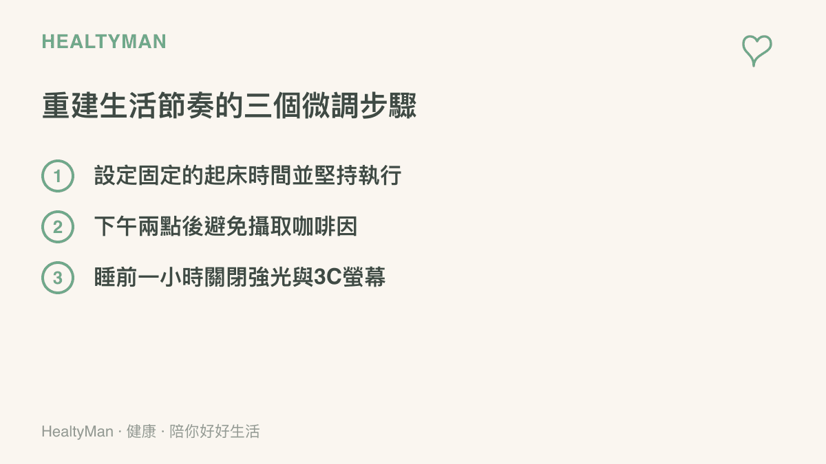 清單列出設定固定起牀時間、下午避免咖啡因與睡前減少使用螢幕等三項重建作息的實用建議