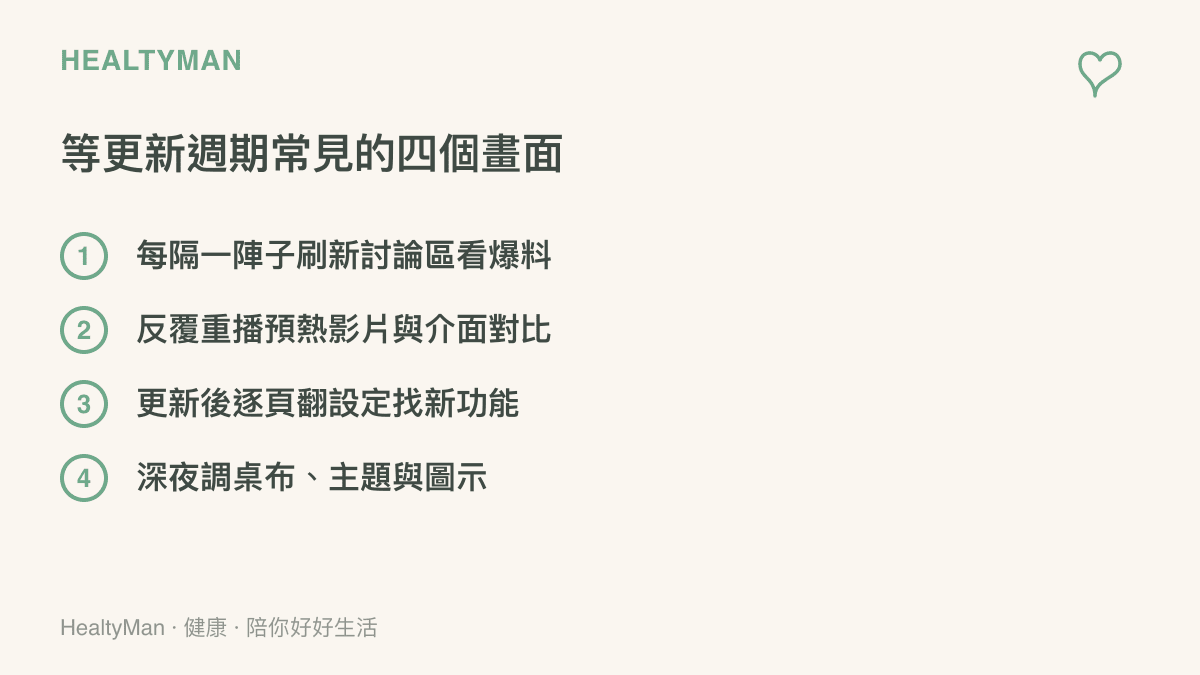 清單列出等系統更新期間常見的四種行為：刷新討論區看爆料、反覆重播預熱影片與介面對比、更新後逐頁翻設定找新功能、深夜調整桌布主題與圖示