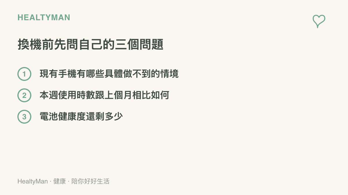 圖中列出換機前可以先自問的三個問題：現有手機有哪些具體做不到的情境、本週使用時數跟上個月相比的變化、電池健康度還剩多少