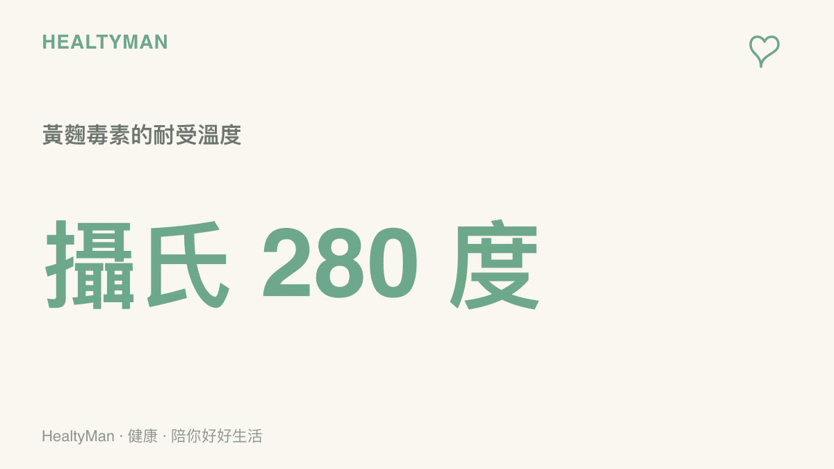 統計圖卡呈現黃麴毒素需要高達攝氏兩百八十度才能被破壞，顯示一般烹煮無法去除毒素