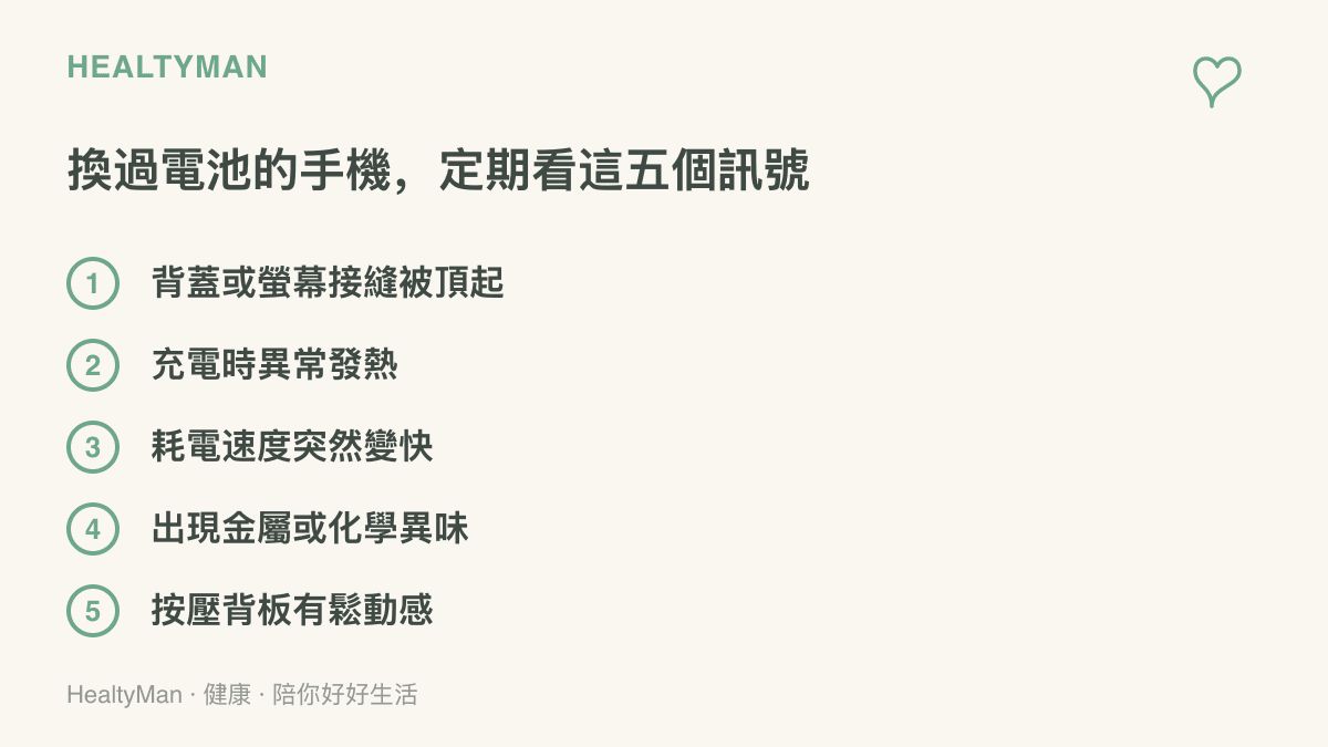 列出換過電池的手機值得定期檢查的五個異常訊號，包括背蓋被頂起、充電異常發熱、耗電變快、出現異味與背板鬆動