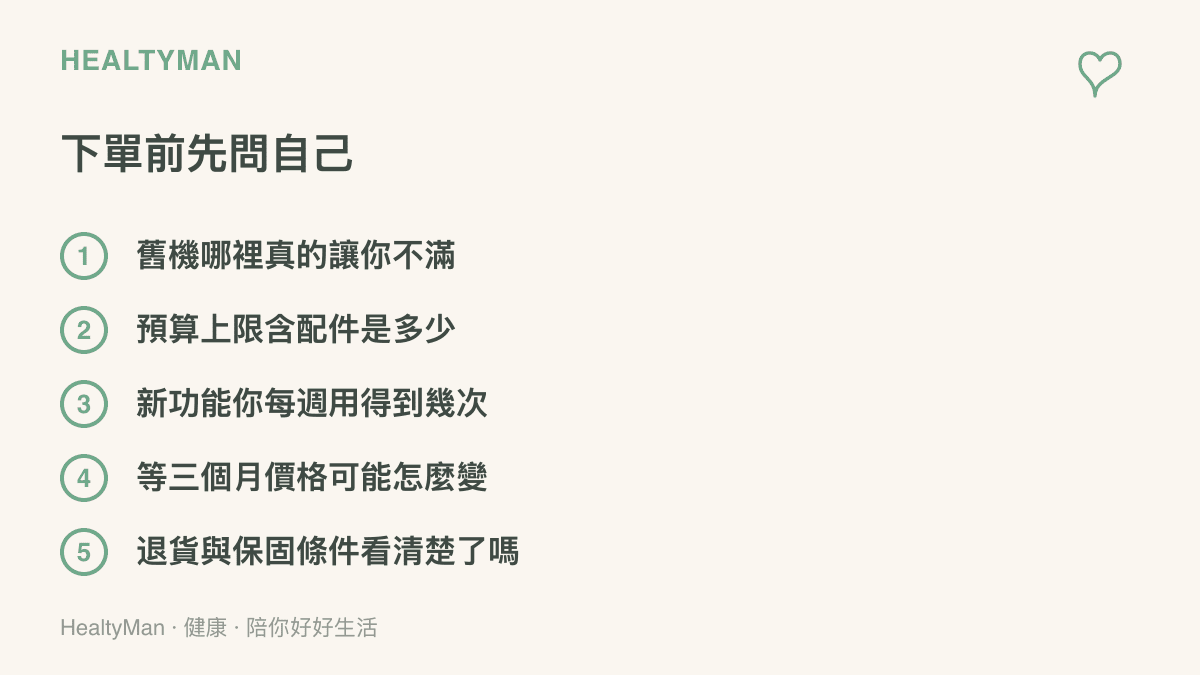 圖卡列出換手機下單前的五個自問題目，從舊機痛點、預算上限、新功能使用頻率，一路到價格變化與退貨保固條件