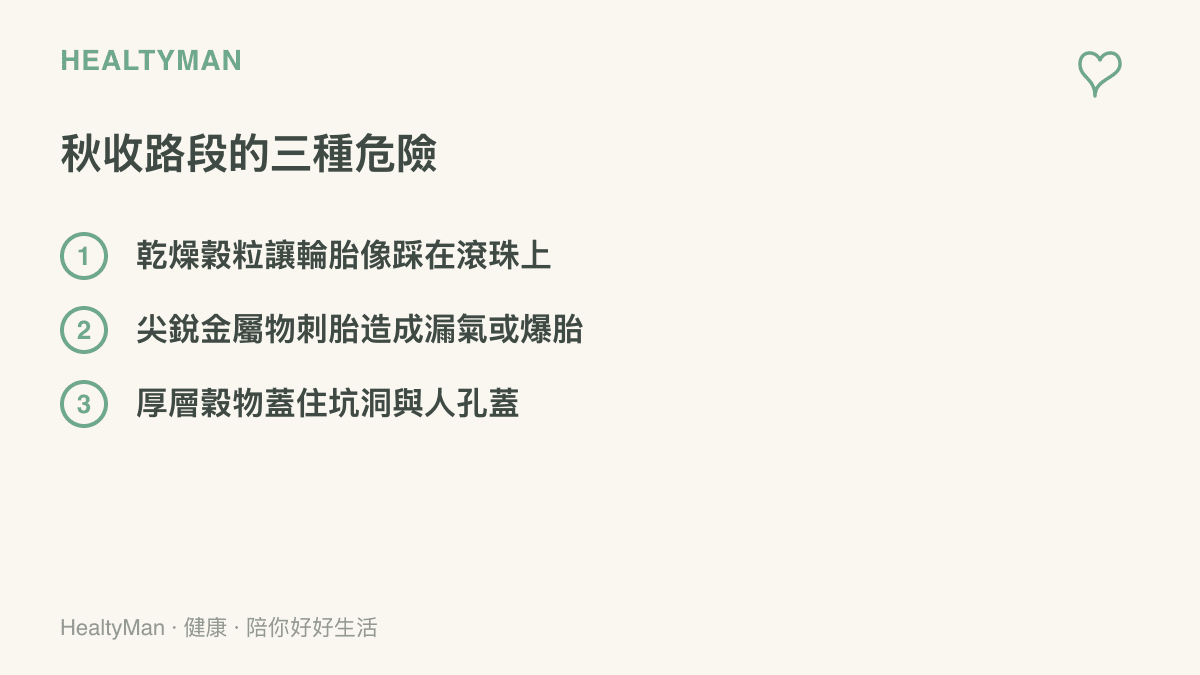 秋收時節佔路曬穀對機車與行人構成三種危險：乾燥穀粒讓輪胎打滑，尖銳金屬物可能刺破輪胎，厚層穀物也會蓋住路面坑洞與人孔蓋。