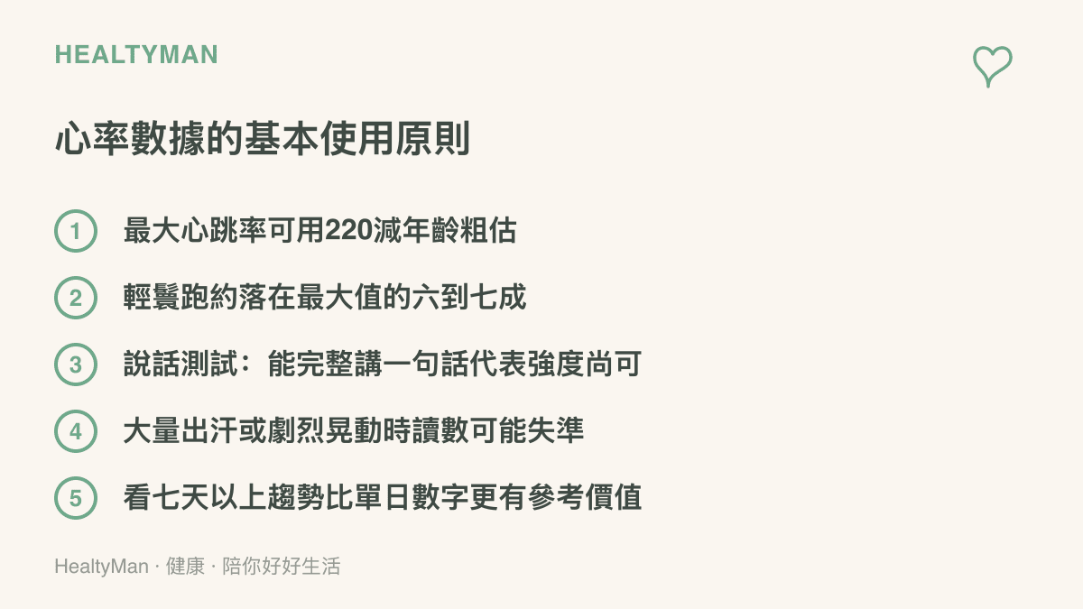 清單列出最大心跳率粗估公式、輕鬆跑強度區間、說話測試、光電心率失準情境與趨勢判讀五項心率使用原則