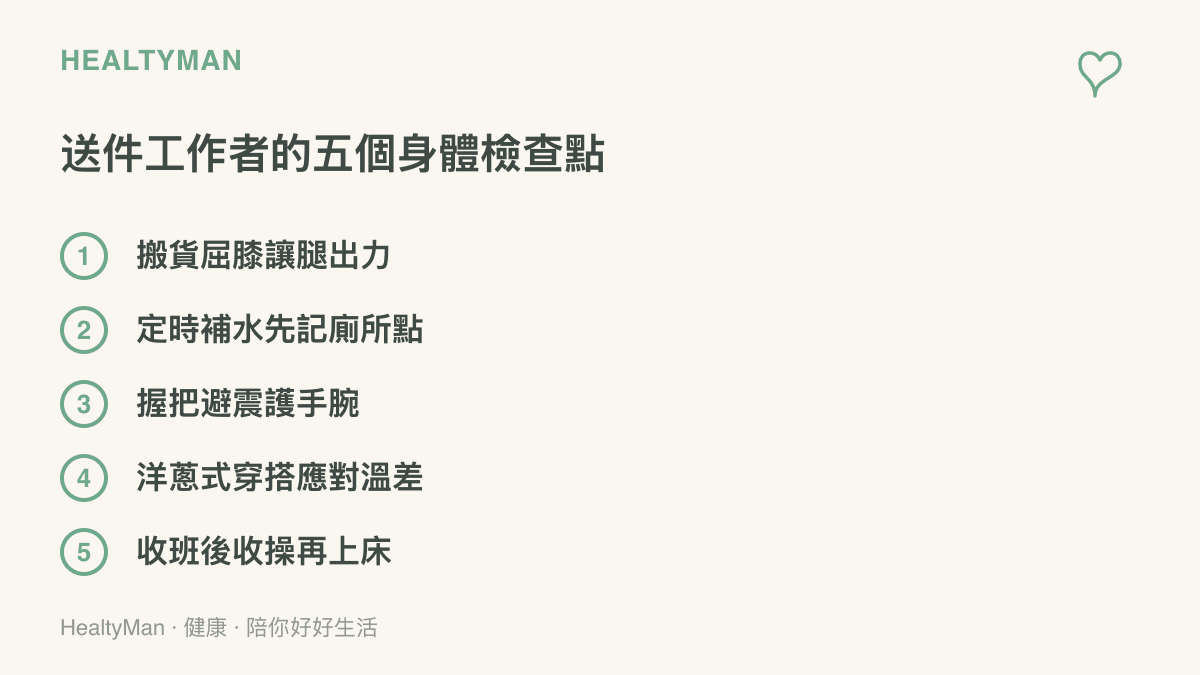 列出送件工作者的身體檢查點，包含搬貨姿勢、補水與廁所規劃、手腕避震、洋蔥式穿搭與收班收操共五項做法
