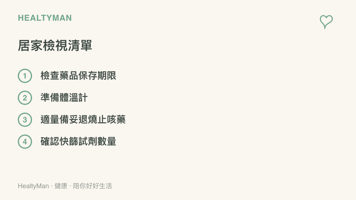 居家醫藥箱檢視清單包含藥品期限檢查、體溫計準備、症狀緩解藥品與快篩試劑