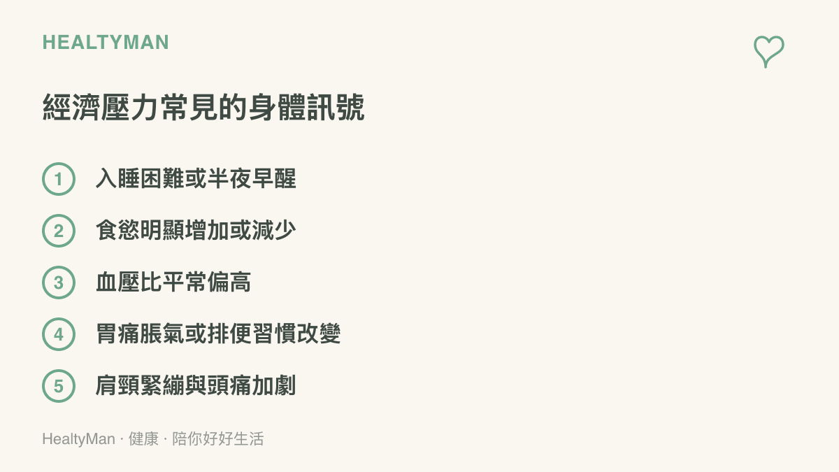 清單圖列出入睡困難、食慾改變、血壓偏高、腸胃不適與肩頸緊繃頭痛五種經濟壓力常見的身體訊號