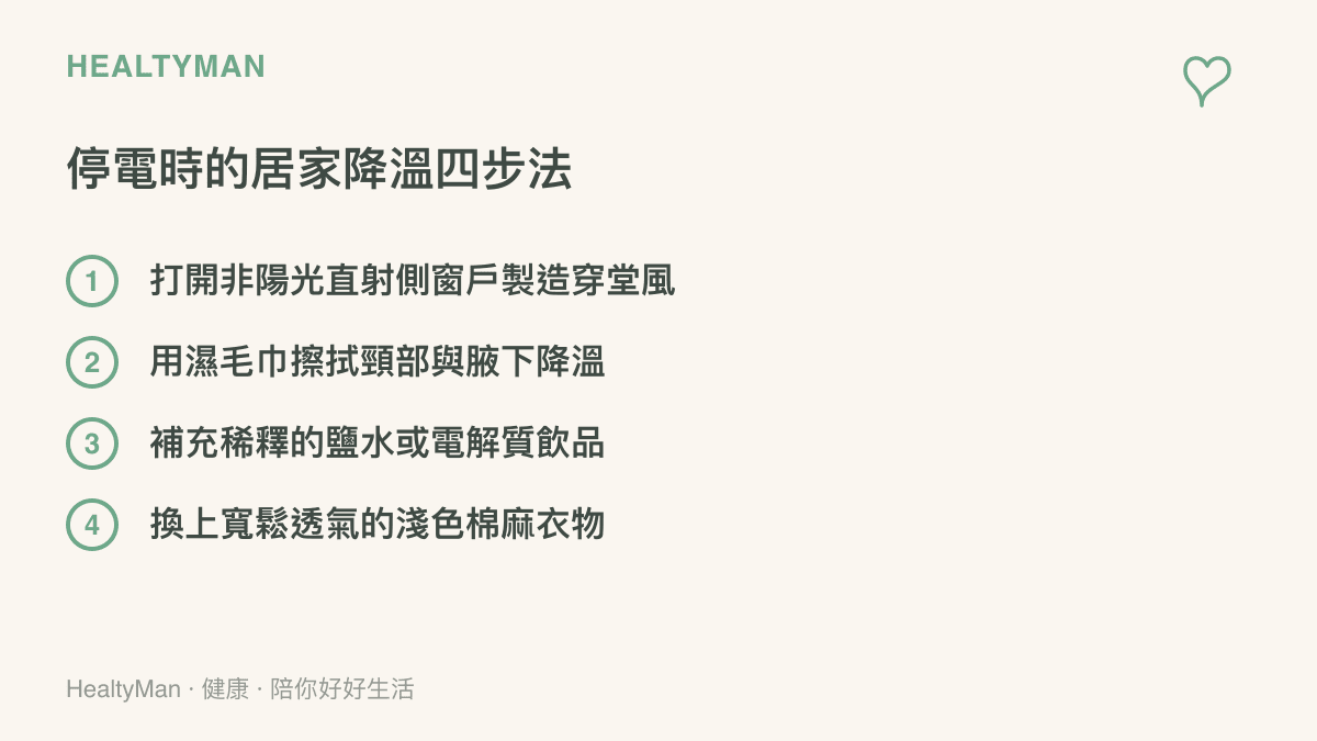 清單圖卡列出四個停電時可行的居家物理降溫與補水步驟