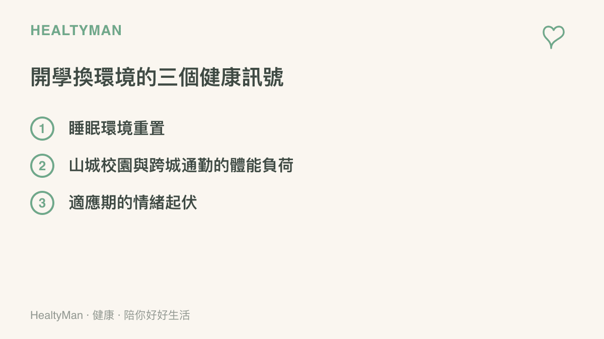 清單列出開學換環境期間的三個健康訊號：睡眠環境需要重新設定、山城校園與跨城通勤帶來體能負荷、適應期存在情緒起伏的正常範圍