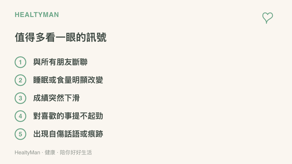 清單列舉青少年需要專業協助的五個警訊，包含與朋友全面斷聯、睡眠食量明顯改變、成績突然下滑、對原本喜歡的事物失去興趣，以及出現自我傷害的話語或痕跡