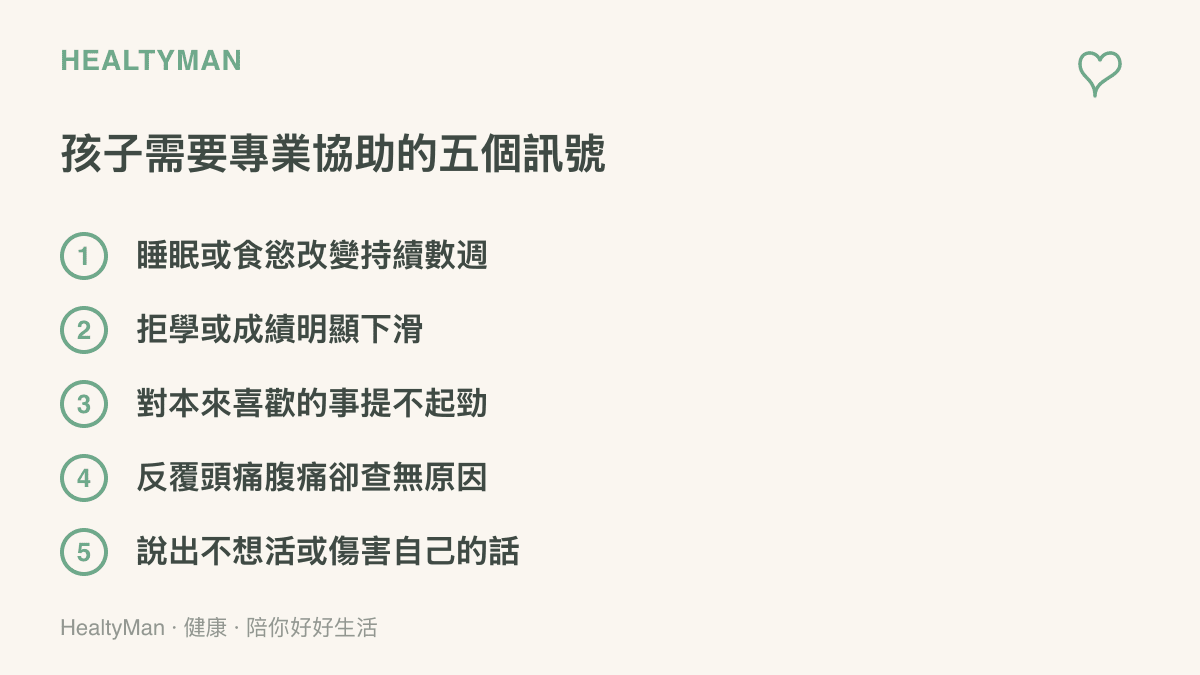 清單整理孩子需要專業協助的五個警訊：睡眠食慾持續改變、拒學或成績下滑、興趣流失、查無原因的身體不適，以及出現不想活或自傷的話語