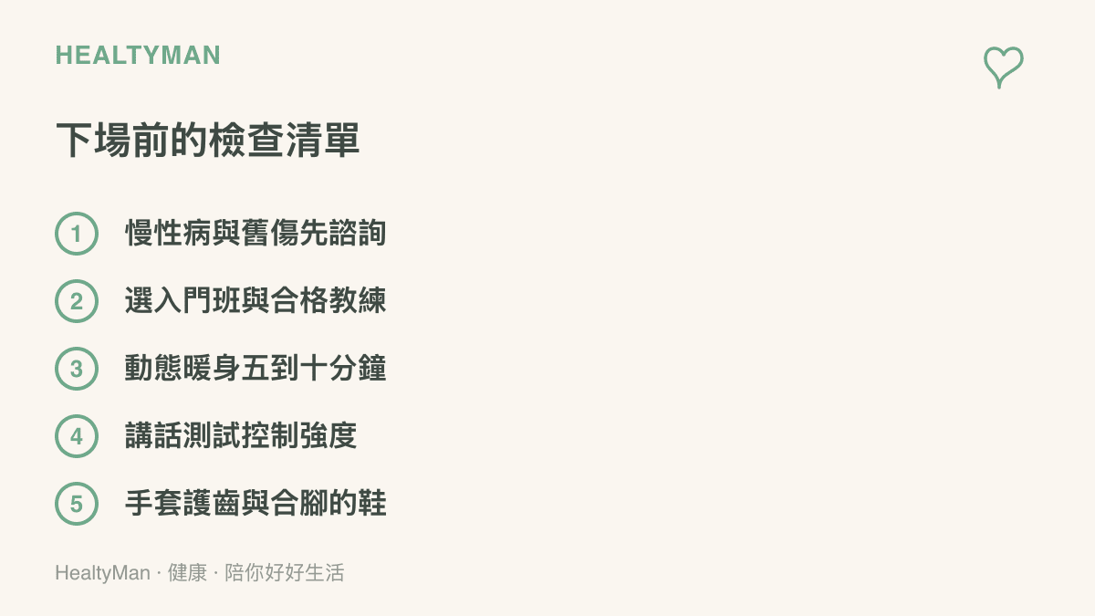 清單圖卡列出報名格鬥課或戰術體能前的五個檢查項目，包括慢性病諮詢、入門班選擇、動態暖身、講話測試強度與護具裝備