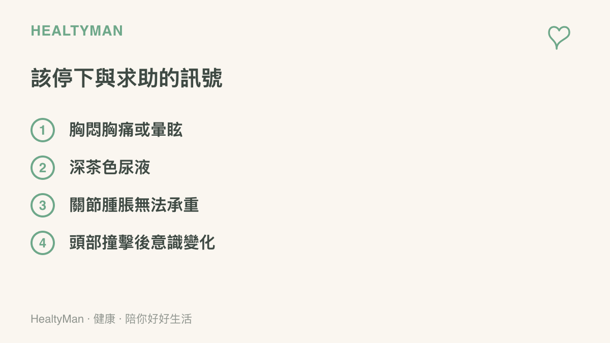 清單圖卡列出運動時應立即停止並求助的四種訊號，涵蓋胸悶胸痛、深茶色尿液、關節腫脹無法承重與頭部撞擊後的意識變化