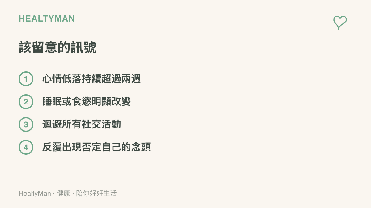 清單圖卡列出相親挫敗後需要留意的四個訊號，包括持續兩週的心情低落、睡眠食慾改變、社交迴避與反覆的自我否定念頭