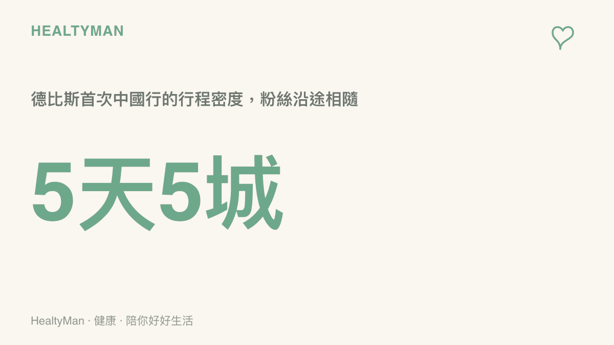 圖卡標示德比斯首次中國行在五天內走訪成都、重慶、杭州等多座城市的行程密度，吸引大批粉絲沿途相隨