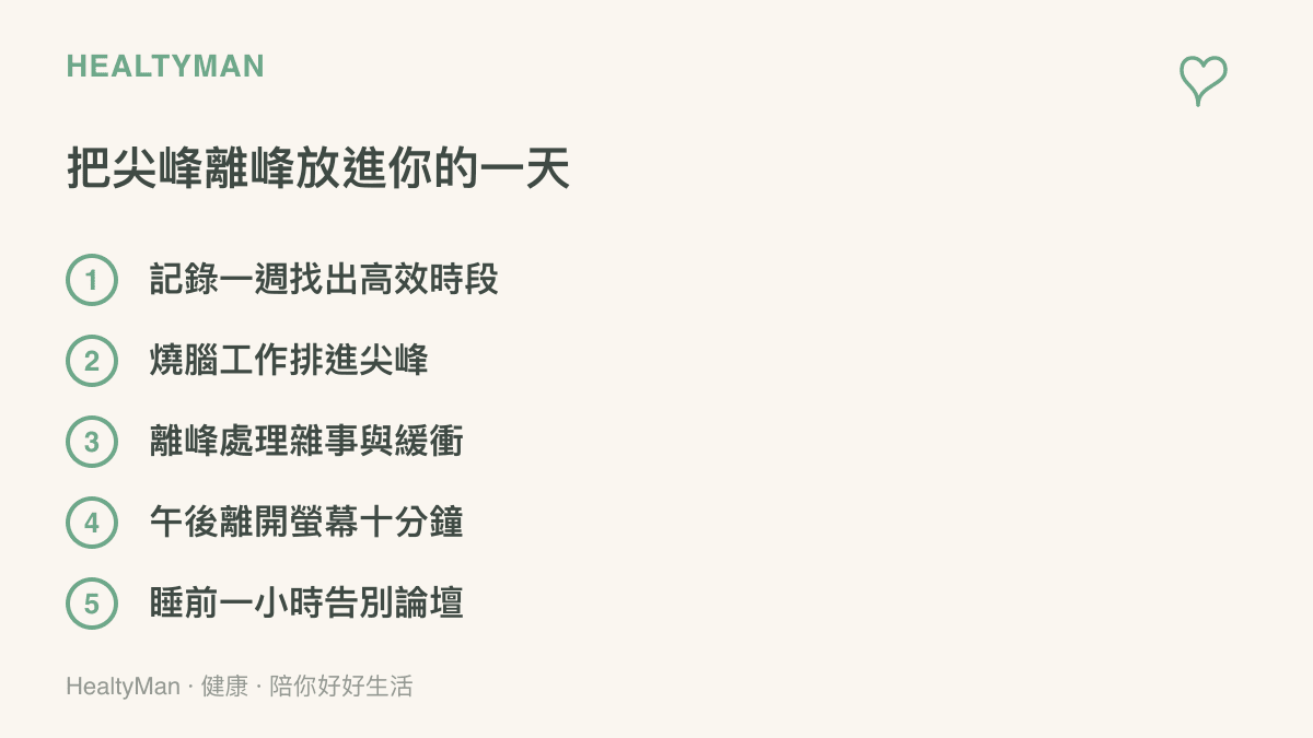 把電力尖峯離峯概念套用到個人作息的作法，包含找出高效時段、深度工作排進尖峯、離峯處理雜事與睡前離開論壇