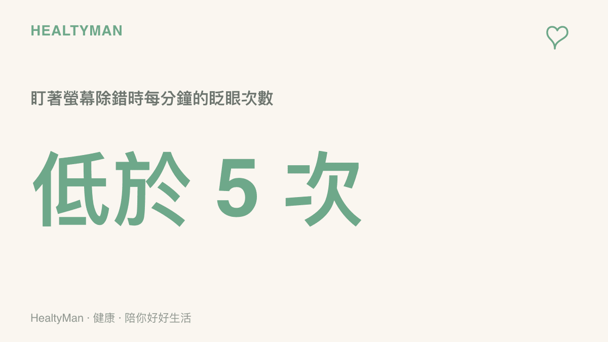 一張提醒工程師盯著螢幕除錯時每分鐘眨眼次數會大幅下降的統計圖卡