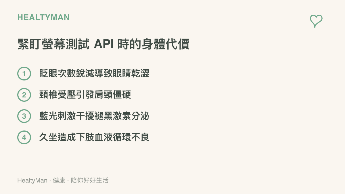 一張列舉長時間緊盯螢幕測試 API 會對身體造成的四種隱形健康代價的清單圖卡