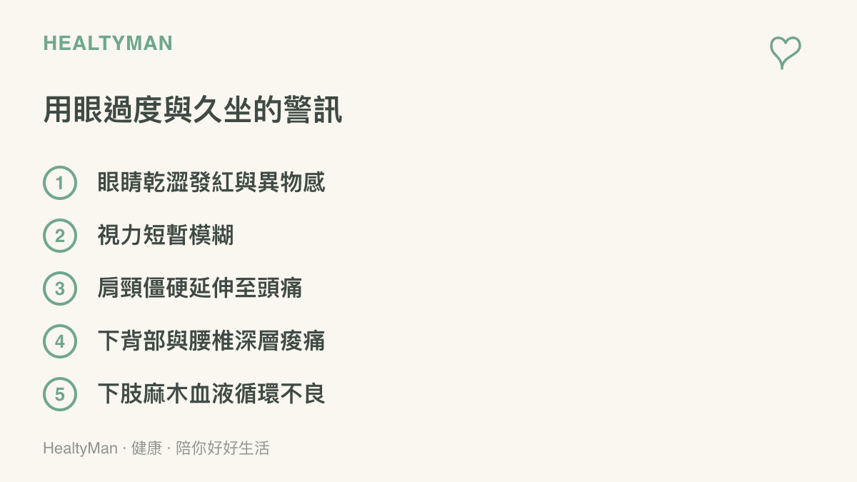 列出長時間盯著螢幕測試人工智慧模型時常見的五種身體警訊，包含眼睛乾澀、視力模糊、肩頸僵硬、腰背痠痛與下肢麻木