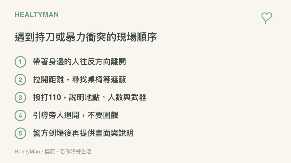 列出遇到持刀或暴力衝突時的五個處理步驟：帶人離開、拉開距離尋找遮蔽、撥打110報案說明現場狀況、引導旁人退開不圍觀，並在警方到場後提供說明。