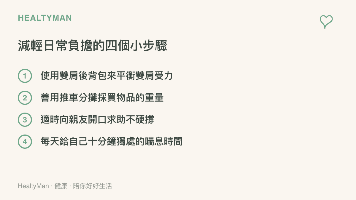 列出四項減輕日常負擔的方法，包含使用後背包、推車、求助與獨處，以清單方式視覺化呈現。