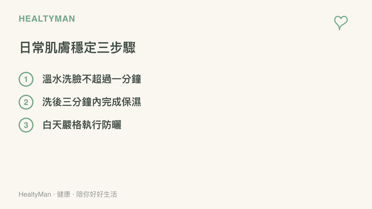 這張圖卡列出了三個維持肌膚穩定的基本步驟，包含洗臉時間、保濕時機與防曬觀念