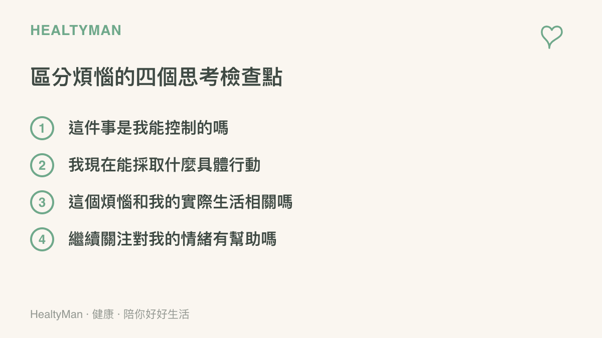 清單圖卡列舉出幫助民眾區分可控與不可控煩惱的四個自我覺察思考檢查點