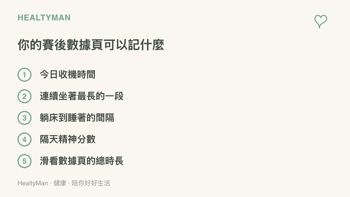 清單圖列出手機備忘錄可記錄的五項個人觀賽數據，包括收機時間、連續久坐的分鐘數、躺牀到睡著的間隔、隔天精神分數，以及滑看數據頁與討論區的總時長