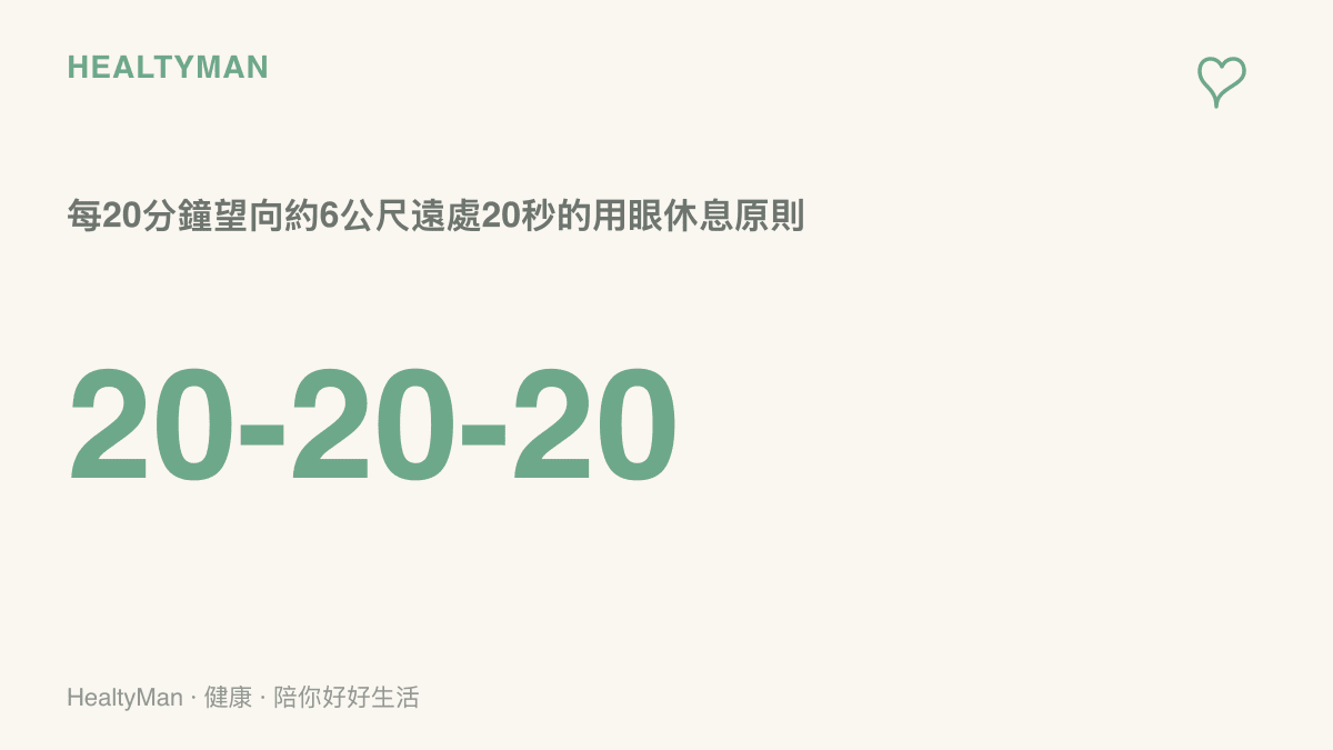 統計圖卡以20-20-20標示用眼休息原則，提醒每20分鐘將視線移向約6公尺遠的物體20秒