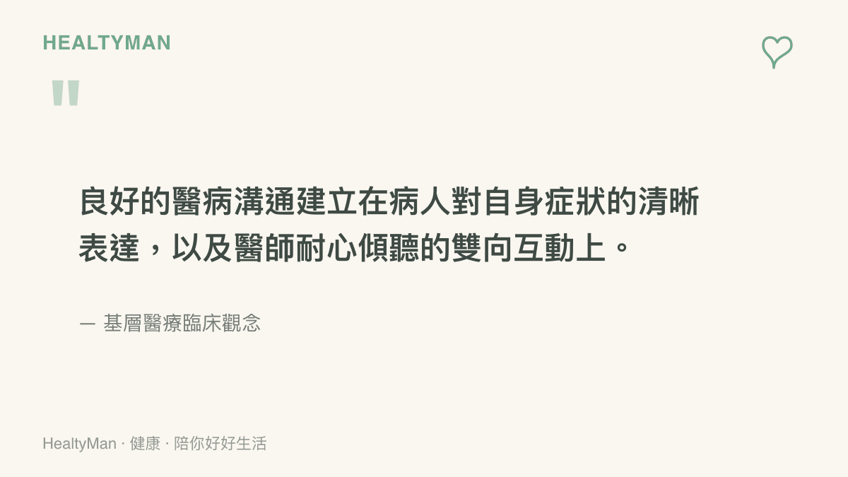 引述基層醫療臨牀觀念，說明良好的醫病溝通需要病人清晰表達症狀與醫師耐心傾聽的雙向互動