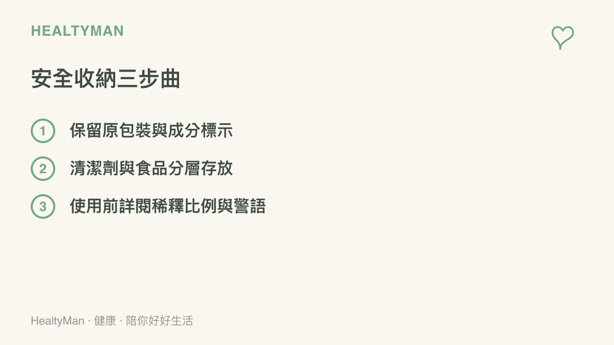 居家安全收納清單，包含保留包裝、分層存放與詳閱警語三個重要步驟