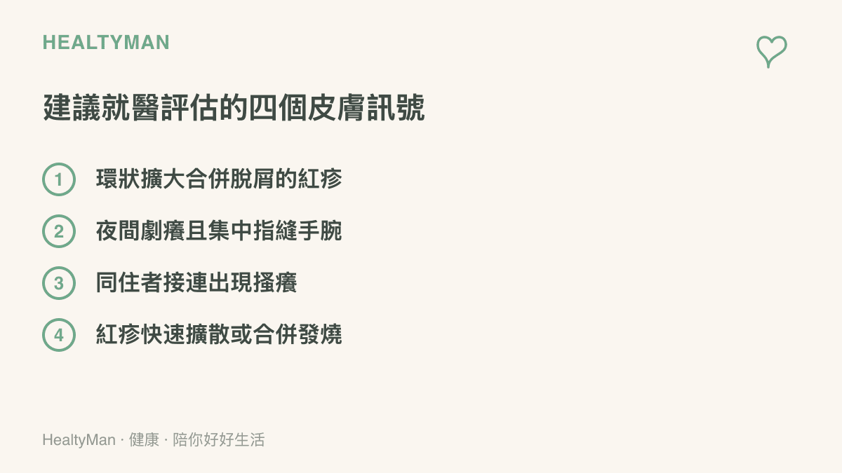 共用寢具後建議就醫的四個皮膚訊號：環狀擴大合併脫屑的紅疹、夜間劇癢且集中在指縫手腕、同住者接連出現搔癢，以及紅疹快速擴散或合併發燒