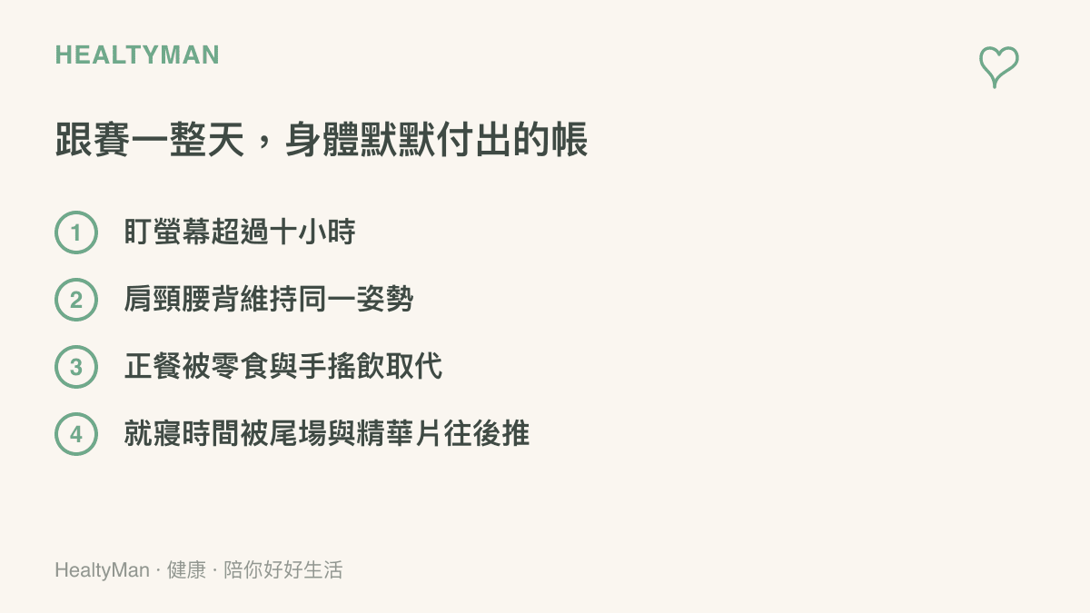 清單圖卡列出跟完一整天賽事對身體的四項影響，包括盯螢幕超過十小時、肩頸腰背久坐不動、正餐被零食與手搖飲取代，以及就寢時間被尾場賽事與精華影片往後推
