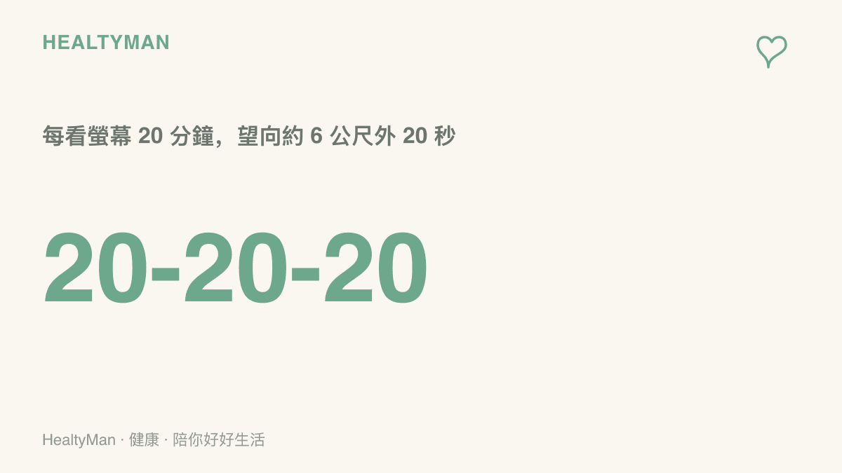 數字 20-20-20 呈現護眼休息口訣，提醒每看螢幕 20 分鐘就望向約 6 公尺遠的地方 20 秒