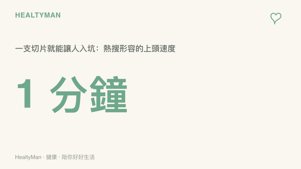 數字圖卡呈現「1 分鐘」的醒目字樣，說明抖音熱搜形容熟男熟女氛圍感的切片只要一分鐘就能讓觀眾嗑上並開始追全部內容