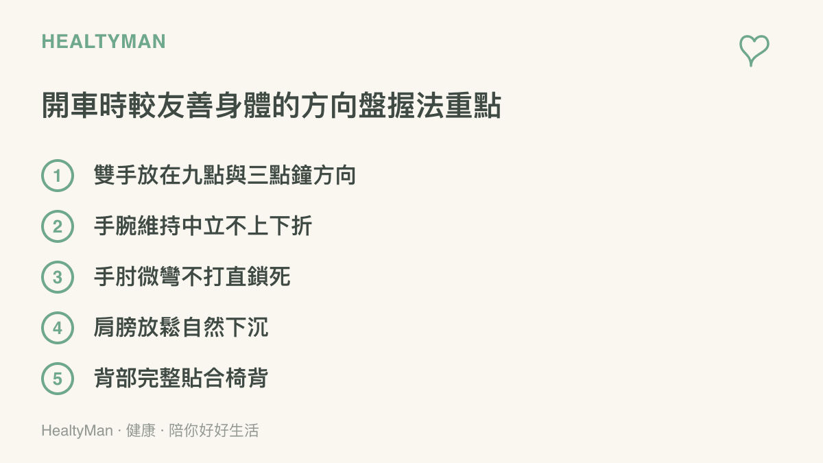 友善身體的方向盤正確握法重點清單圖卡，列出五項檢查重點