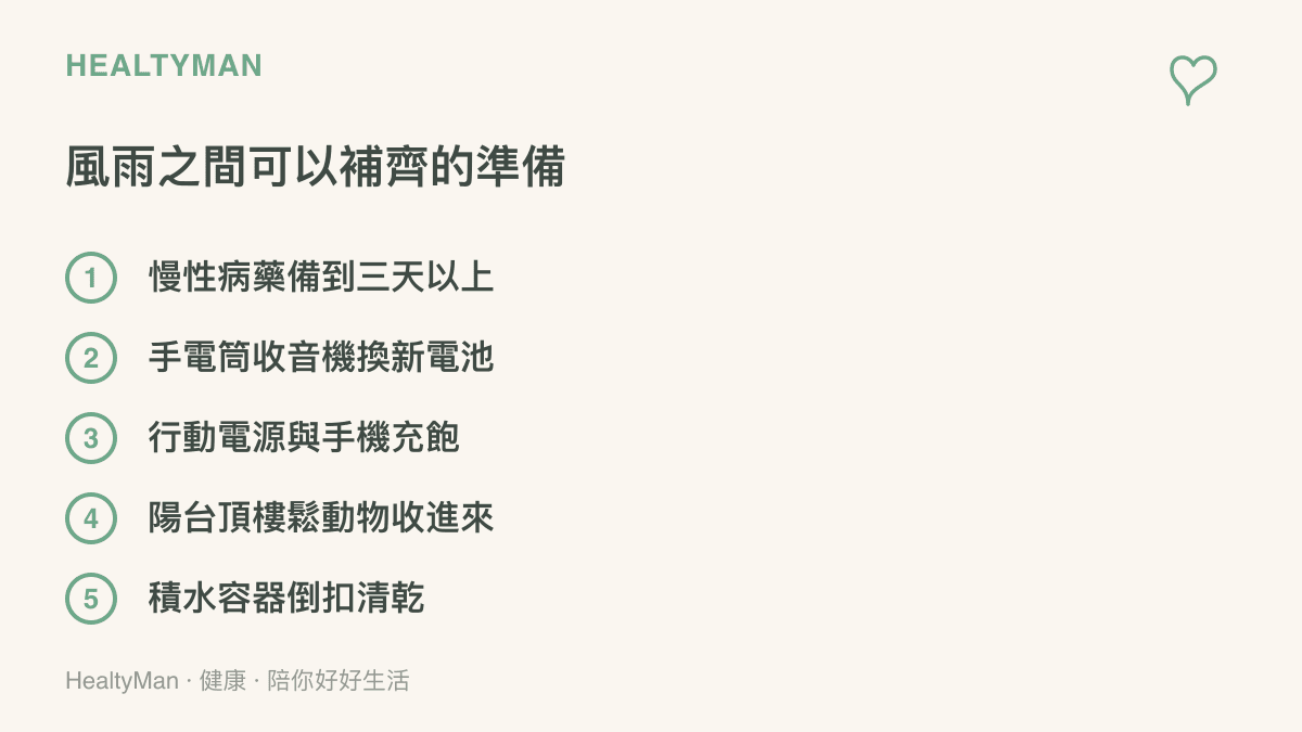 清單圖列出臺風空檔可補齊的五項準備，包括備妥慢性病藥物、更換手電筒與收音機電池、充飽行動電源與手機、收進陽臺頂樓鬆動物，以及倒扣清乾積水容器