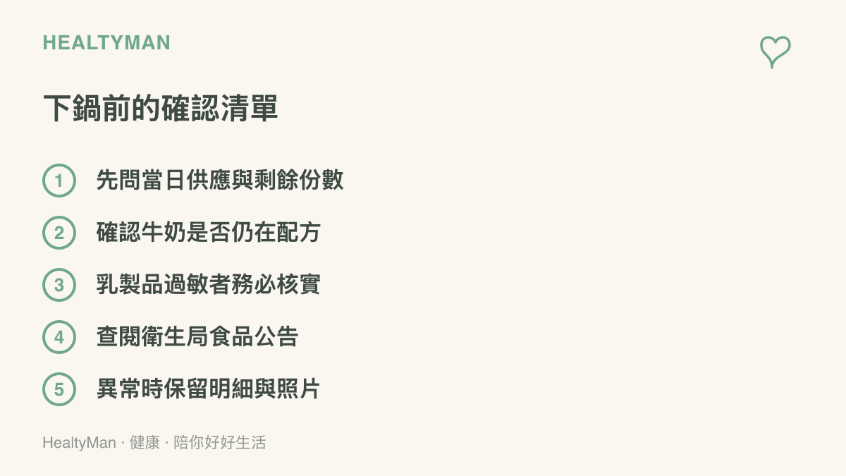 清單圖卡列出享用限量鴨血前的五項確認動作，包含供應份數、牛奶成分、過敏核實、衛生局公告查閱與證據保留