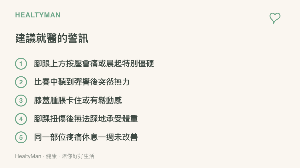 就醫警訊清單列出阿基裏斯腱壓痛、關節彈響無力、膝蓋腫脹、扭傷無法承重與疼痛超過一週等五種情況