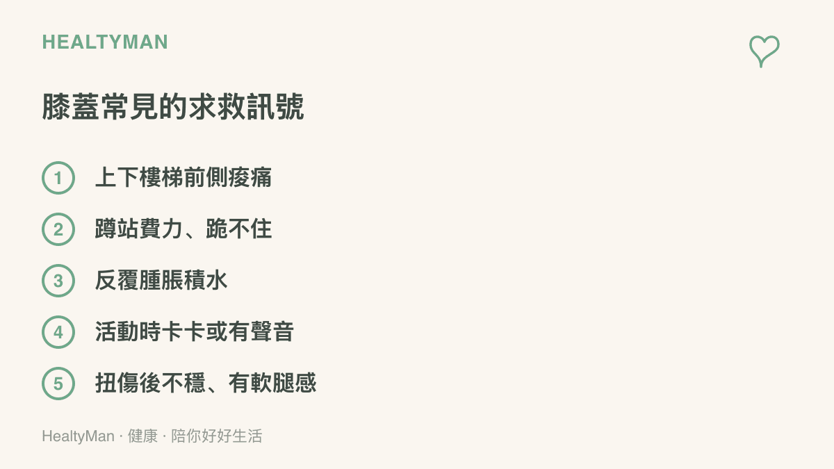 圖片整理膝蓋發出的五個常見警訊，包含上下樓梯痠痛、蹲站費力、反覆積水、活動卡卡有聲音，以及扭傷後的關節不穩定感