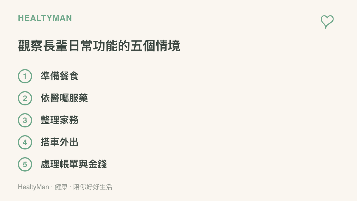 觀察長輩日常功能變化的五個情境，包含準備餐食、依醫囑服藥、整理家務、搭車外出與處理帳單金錢，複雜活動的退化往往比基本自理更早被發現