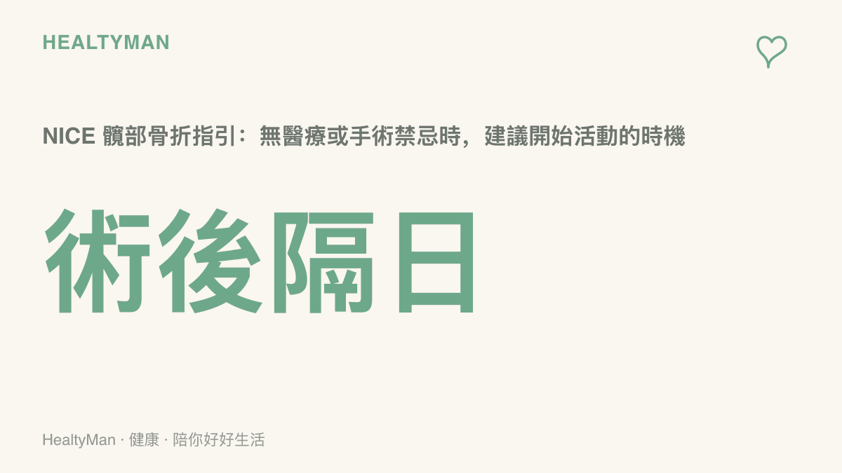 呈現NICE髖部骨折指引的建議時機：在沒有醫療或手術禁忌的情況下，術後隔日就可以開始活動並接受物理治療評估