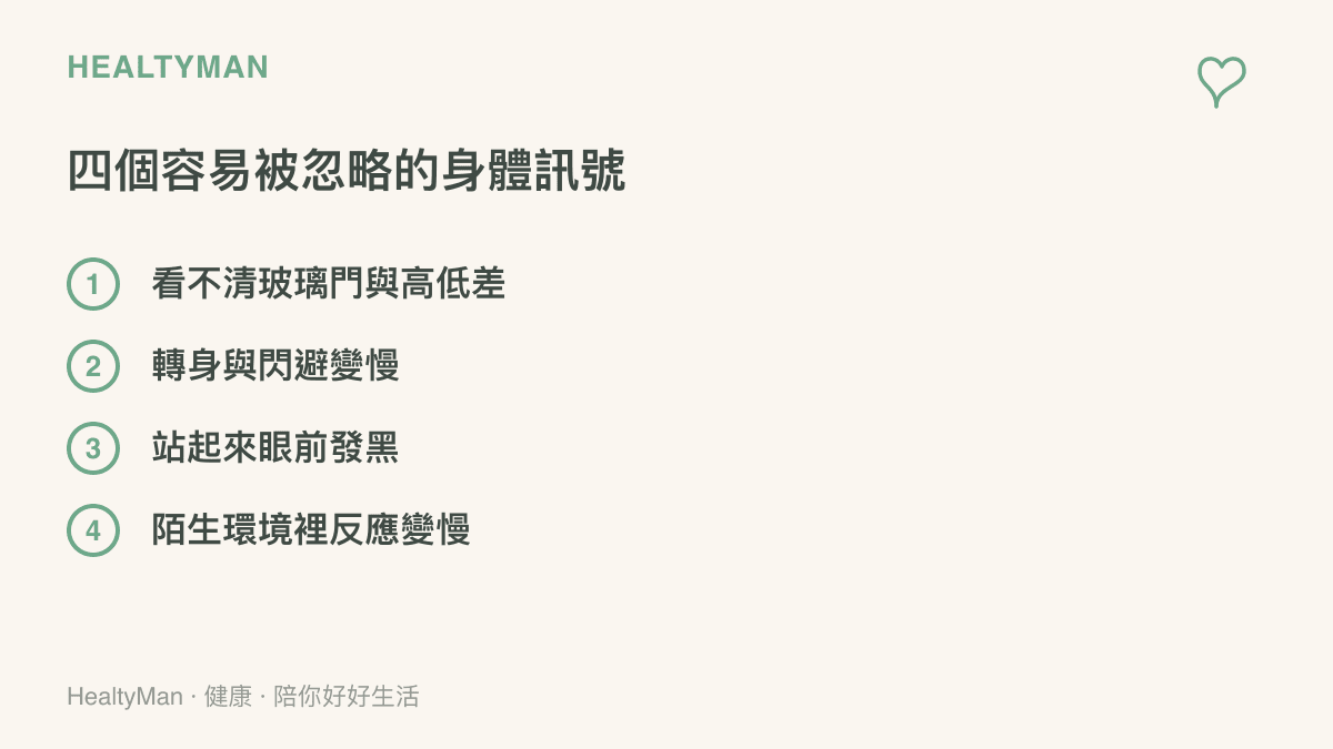 圖卡列舉長輩外出的四個身體訊號：看不清玻璃門與地面高低差、轉身閃避變慢、站起來眼前發黑，以及在陌生環境裡反應變慢