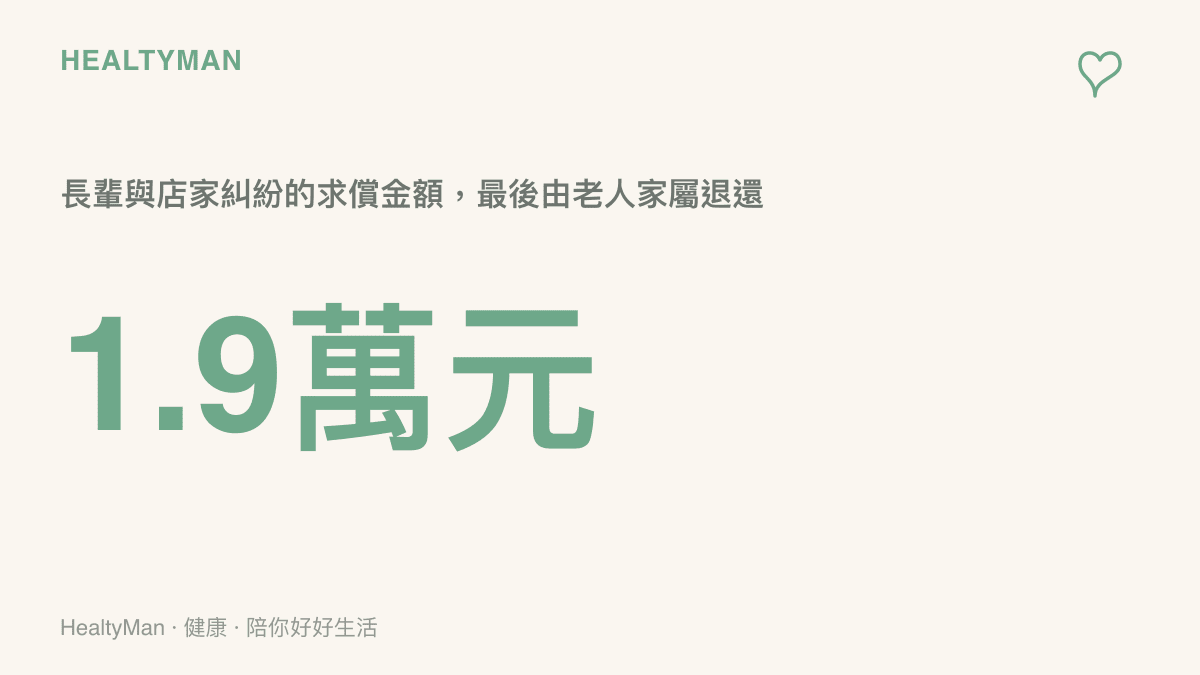 圖卡以大字呈現人民幣1.9萬元，代表這起長輩與店家糾紛中，最後由老人家屬退還給店家的求償金額