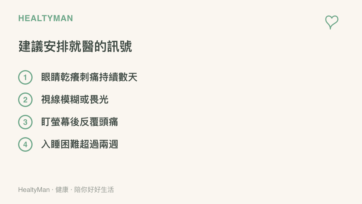 清單圖列出四個建議就醫的訊號：眼睛乾癢刺痛持續數天、視線模糊或畏光、盯螢幕後反覆頭痛、入睡困難超過兩週