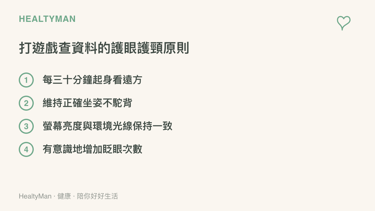 清單圖卡列出四項在遊戲與查資料時保護眼睛與頸椎的具體行動原則