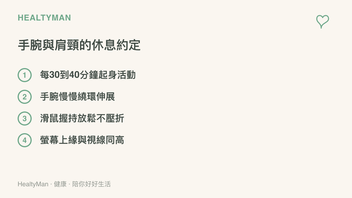 手腕與肩頸的四個休息約定：每 30 到 40 分鐘起身活動、手腕慢慢繞環伸展、滑鼠握持放鬆避免壓折、螢幕上緣調到與視線同高